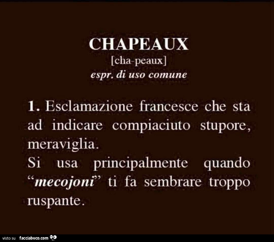 Chapeaux. Esclamazione francesce che sta ad indicare compiaciuto stupore, meraviglia. Si usa principalmente quando mecojonï ti fa sembrare troppo ruspante