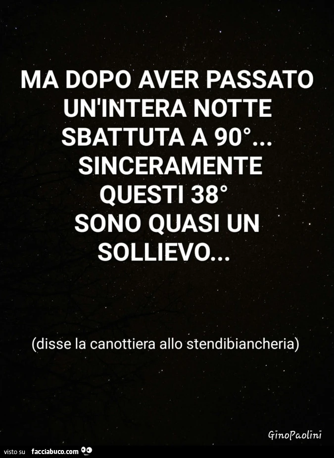 Ma dopo aver passato un'intera notte sbattuta a 90°&hellip; sinceramente questi 38° sono quasi un sollievo&hellip; disse la canottiera allo stendibiancheria
