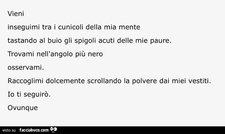 Vieni inseguimi tra i cunicoli della mia mente tastando al buio gli spigoli acuti delle mie paure. Trovami nell'angolo più nero osservami. Raccoglimi dolcemente scrollando la polvere dai miei vestiti. Io ti seguirò. Ovunque