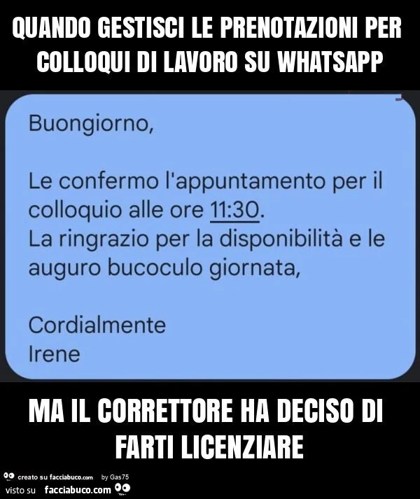 Quando gestisci le prenotazioni per colloqui di lavoro su whatsapp ma il correttore ha deciso di farti licenziare