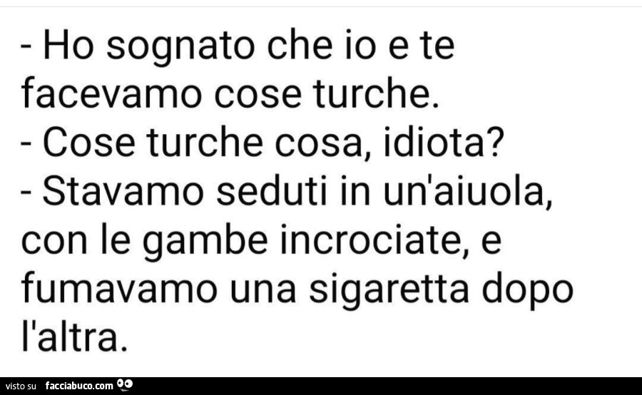 Ho sognato che io e te facevamo cose turche. Cose turche cosa, idiota? Stavamo seduti in un'aiuola, con le gambe incrociate, e fumavamo una sigaretta dopo l'altra