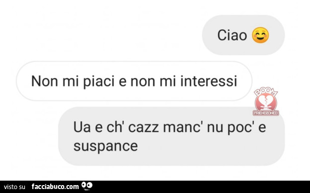Ciao. Non mi piaci e non mi interessi. Ua e ch' cazz manc' nu poc' e suspance