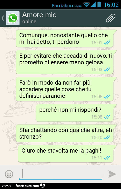 Comunque, nonostante quello che mi hai detto, ti perdono. E per evitare che accada di nuovo, ti prometto di essere meno gelosa. Farò in modo da non far più accadere quelle cose che tu definisci paranoie. Perché non mi rispondi? Stai chattando con qualche 