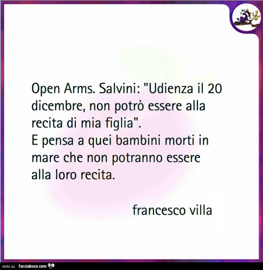 Open arms. Salvini: udienza il 20 dicembre, non potrò essere alla recita di mia figlia. E pensa a quei bambini morti in mare che non potranno essere alla loro recita