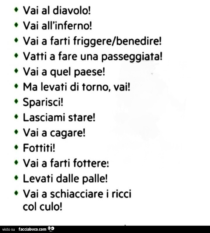 Vai al diavolo! Vai all'inferno! Vai a farti friggere/benedire! Vatti a fare una passeggiata! Vai a quel paese! Ma levati di torno, vai! Sparisci! Lasciami stare! Vai a cagare! Fottiti! Vai a farti fottere: levati dalle palle! Vai a schiacciare i ric