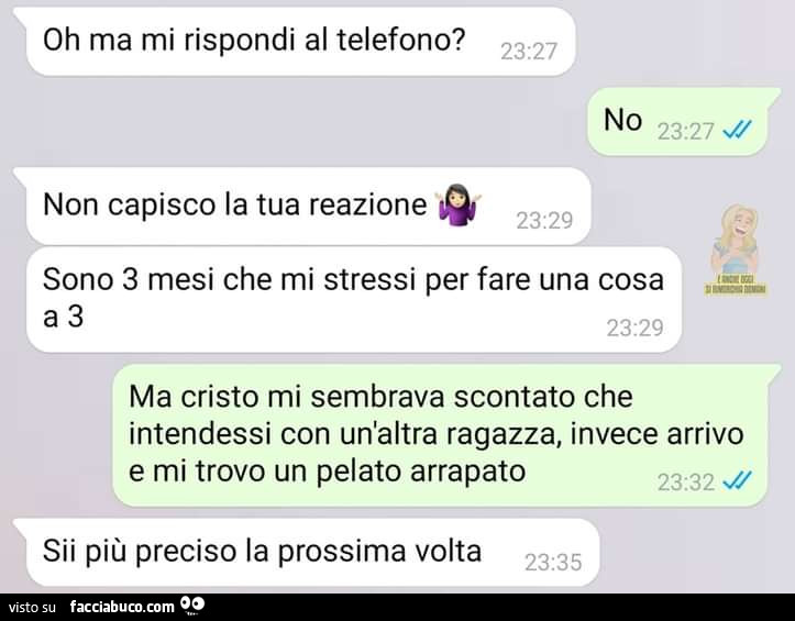 Oh ma mi rispondi al telefono? No. Non capisco la tua reazione. Sono 3 mesi che mi stressi per fare una cosa a 3. Ma cristo mi sembrava scontato che intendessi con un'altra ragazza, invece arrivo e mi trovo un pelato arrapato. Sii più preciso la pros