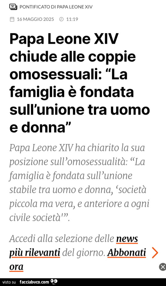 Pontificato di papa leone xiv chiude alle coppie omosessuali: la famiglia è fondata sull'unione tra uomo e donna